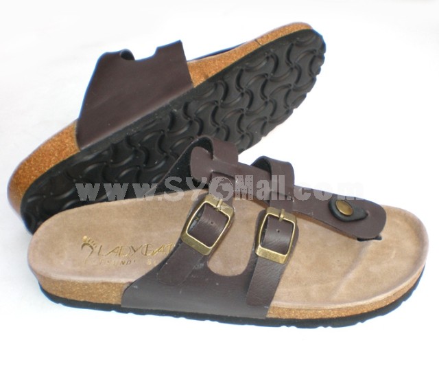 Solid-colored Coffee 2 Buckles Flip-flop Corkwood Sandals