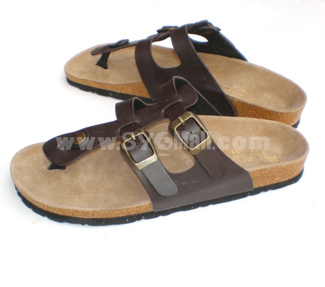Solid-colored Coffee 2 Buckles Flip-flop Corkwood Sandals