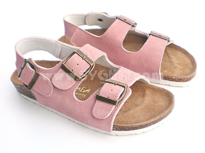Pink 3 Buckles Nubuck Leather Corkwood Sandals