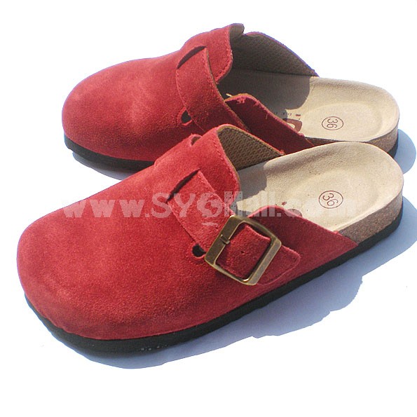 Solid-Red Full-head Nubuck Leather Corkwood Sandals