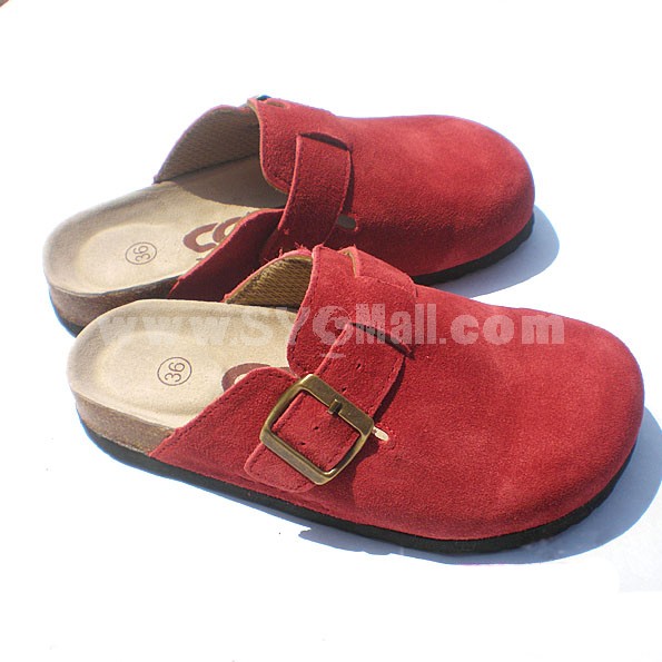 Solid-Red Full-head Nubuck Leather Corkwood Sandals