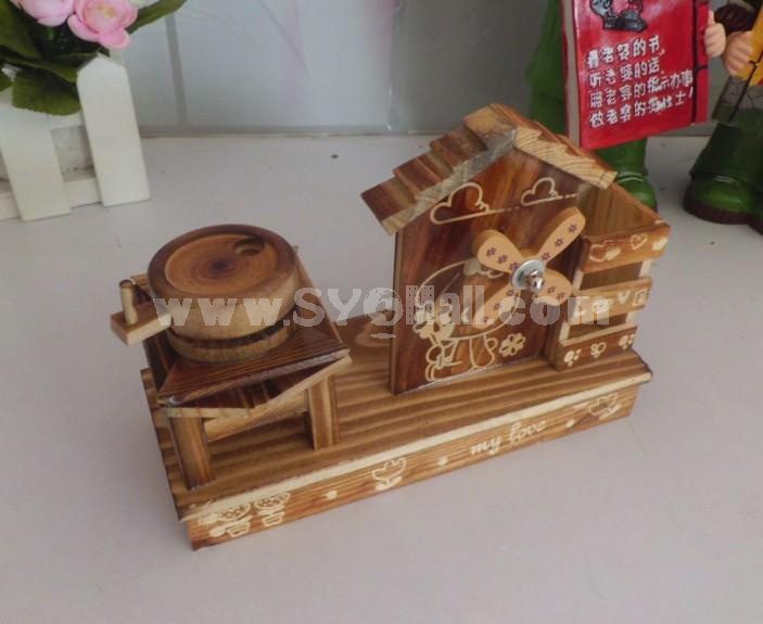 Decorative Wooden Pen Pot with Music Box