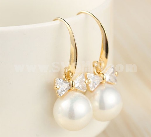 Exquisite Long Pattern Bow Pearl 18K Gold Plating Drop Earring