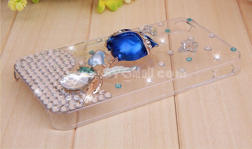 Bluelover Blue Rose Pattern Rhinestone Phone Case Back Cover for iPhone4/4S F0027
