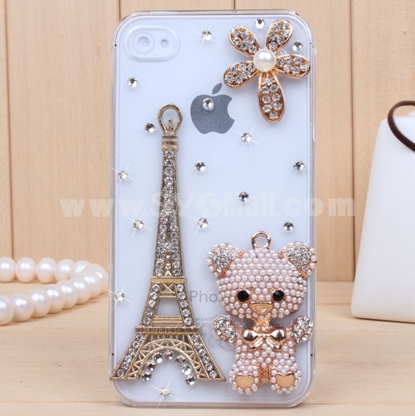 Eiffel Tower & Little Baer Pattern Rhinestone Phone Case Back Cover for iPhone4/4S iPhone5