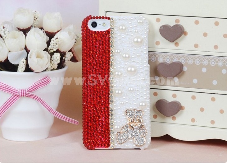 Pearl Bear Pattern Color Contrast Rhinestone Phone Case Back Cover for iPhone4/4S iPhone5
