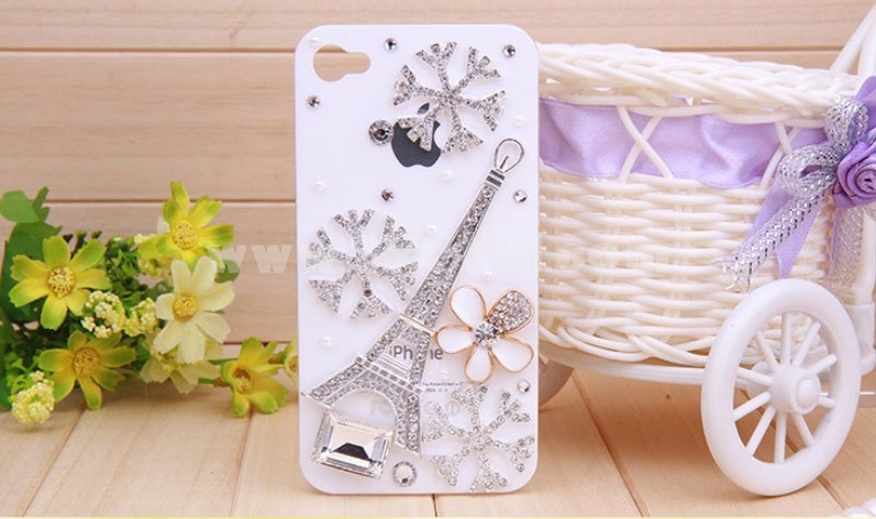 Eiffel Tower & Snowfakes Pattern Rhinestone Phone Case Back Cover for iPhone4/4S F0002