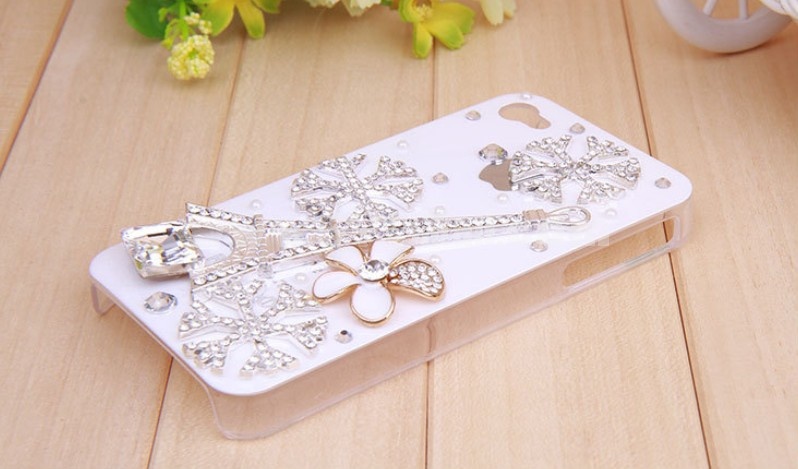 Eiffel Tower & Snowfakes Pattern Rhinestone Phone Case Back Cover for iPhone4/4S F0002