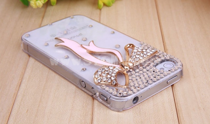 Lovong Heart Ribbon Pattern Rhinestone Phone Case Back Cover for iPhone4/4S F0024