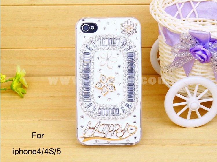 Rectangular & Flower Pattern Rhinestone Phone Case Back Cover for iPhone4/4S iPhone5