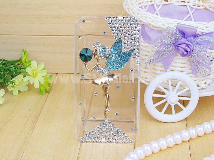 Blue Wing Angel Pattern Rhinestone Phone Case Back Cover for iPhone4/4S