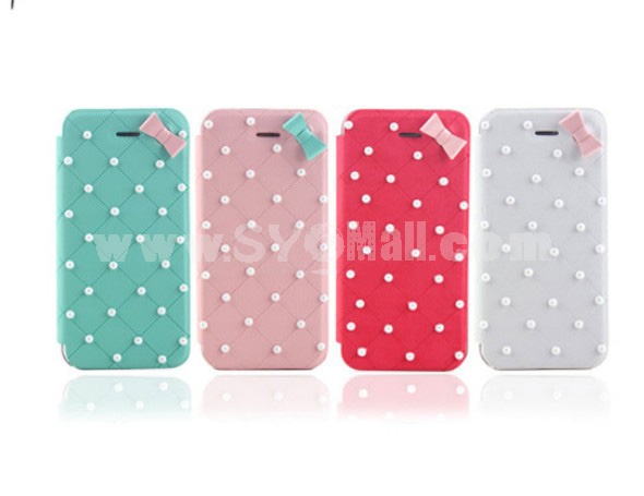 Lovely Pearl with Bowknot Décor Pattern PU Leather Case for iPhone5