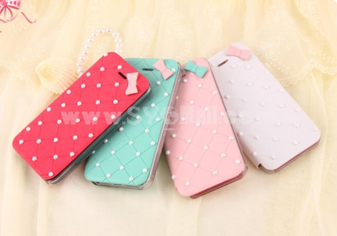 Lovely Pearl with Bowknot Décor Pattern PU Leather Case for iPhone5