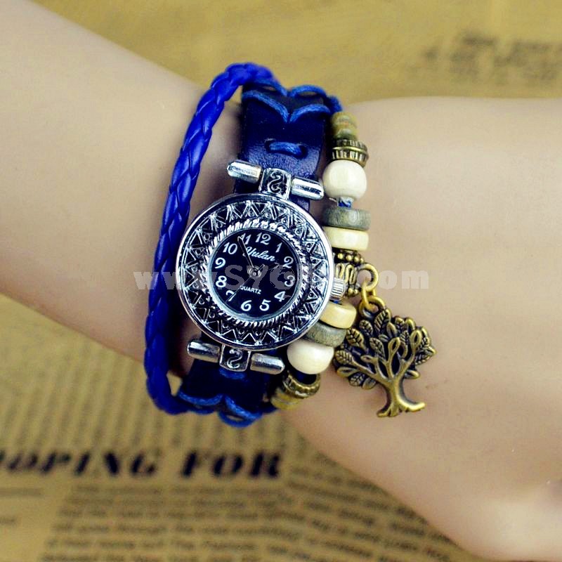 Retro Style Women's Hand Knitting Alloy Quartz Movement Glass Round Fashion Watch with Tree Pendant (More Colors)