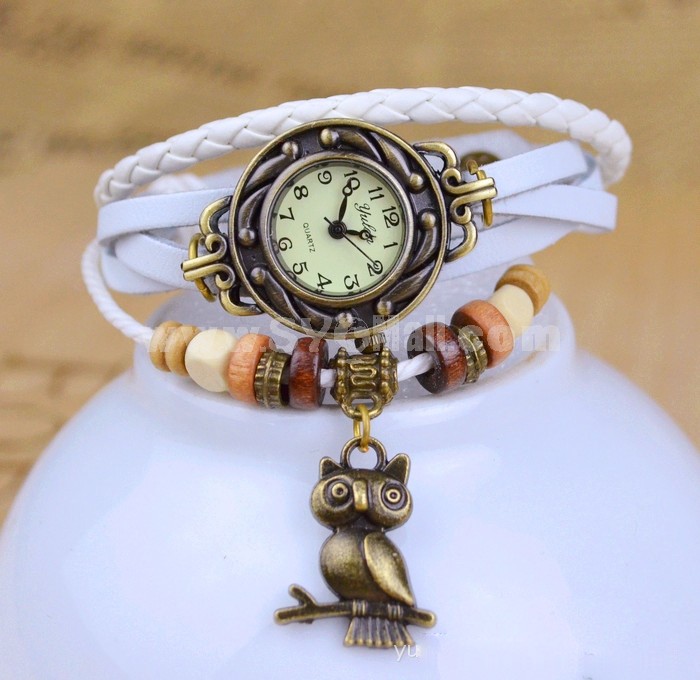 Retro Style Women's Hand Knitting Alloy Quartz Movement Glass Round Fashion Watch with Owl Pendant (More Colors)