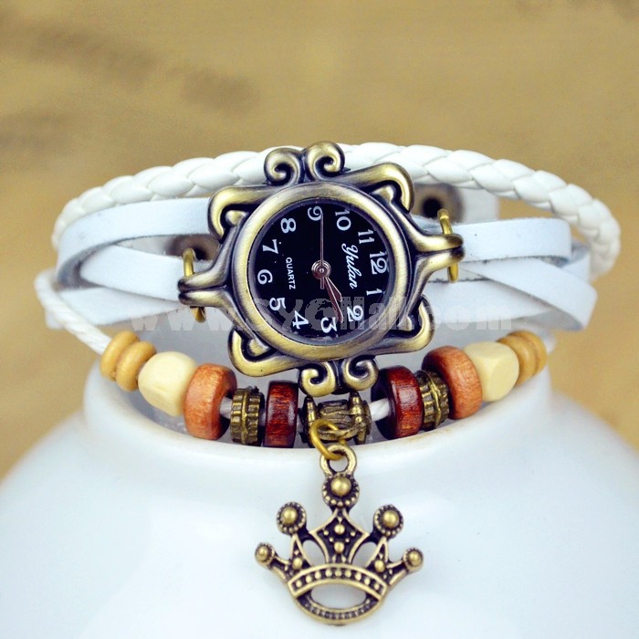 Retro Style Women's Hand Knitting Alloy Quartz Movement Glass Round Fashion Watch with Crown Pendant (More Colors)