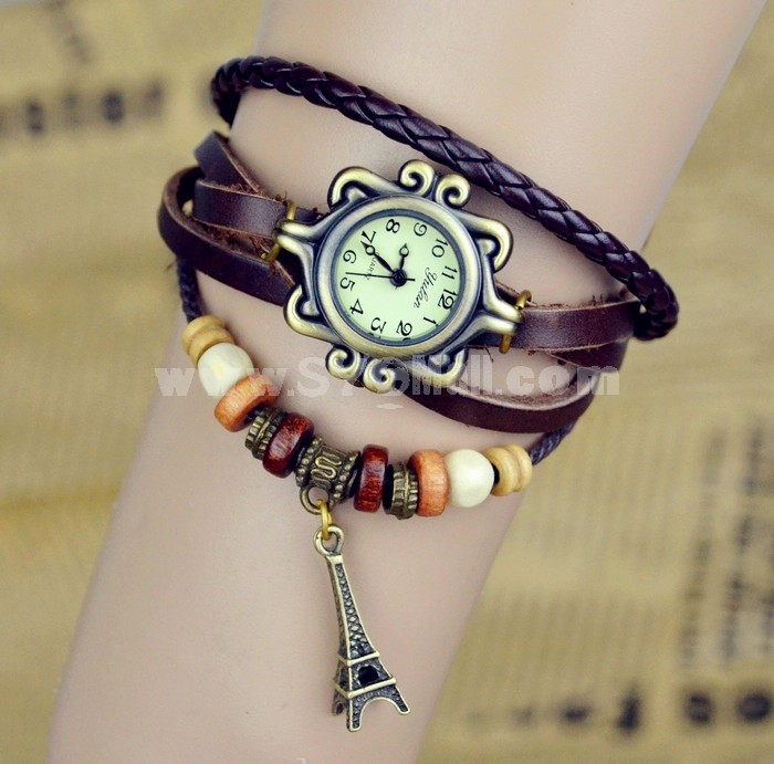 Retro Style Women's Hand Knitting Alloy Quartz Movement Glass Round Fashion Watch with Towel Pendant (More Colors)
