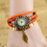 Wholesale - Retro Style Women's Hand Knitting Alloy Quartz Movement Glass Round Fashion Watch with Leaf Pendant (More Colors)
