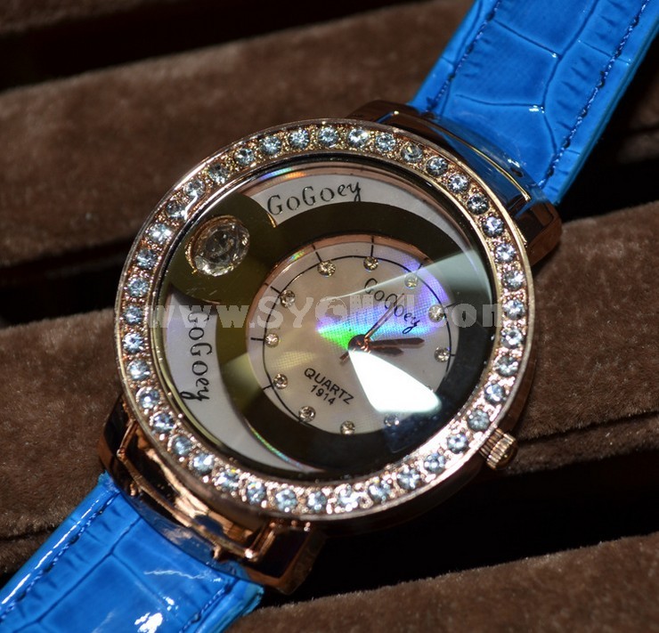 Retro Style Women's PU Alloy Quartz Movement Glass Round Fashion Watch with Thinestone
