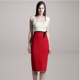 Wholesale - Red and White Color Contrast Polo Collar Slim Dress Evening Dress