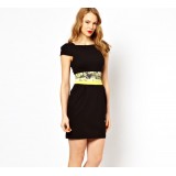 Wholesale - OL Style Black Short Sleeve Waist Printing Slim Dress Evening Dress DQ022