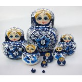 Wholesale - 10pcs Handmade Wooden Russian Nesting Doll Toy Blue and White Porcelain