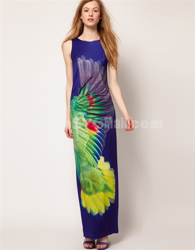 KM Peacock Blue Printing Long Dress