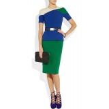 Wholesale - Blue & Green Color Joint Short Sleeve Lady Midium Dress Evening Dress