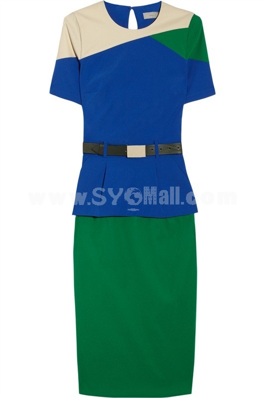 Blue & Green Color Joint Short Sleeve Lady Midium Dress Evening Dress