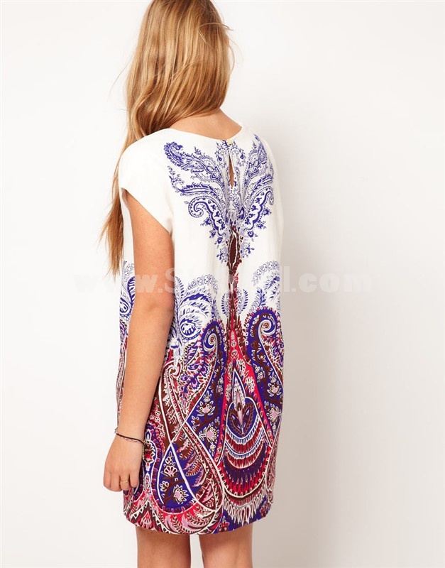 KM Totem Printing Short Sleeve Round Neck Dress Evening Dress