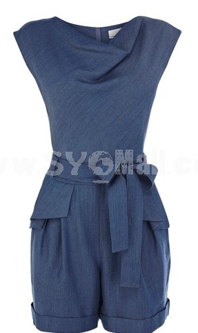 KM Solid Color Siamese Trousers Shorts with Cloth Belt Dress Evening Dress