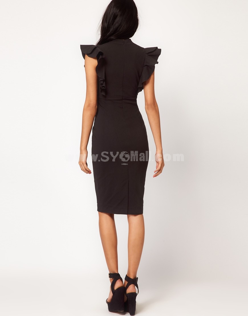 KM Falbala V-neck Black Dress Evening Dress