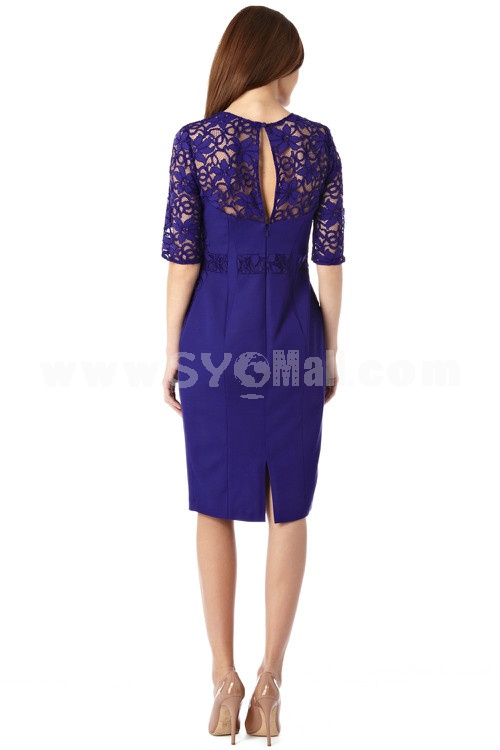 2013 New Arrival Blue Color Lace Embroidery Slim Dress Evening Dress