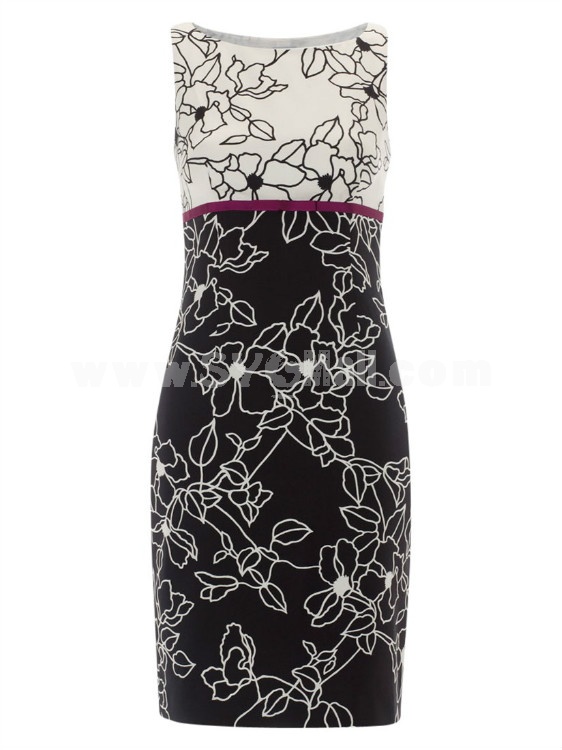HB New Arrival Elegant Flower Printing Color Contrast Sleeveless Slim Dress Evening Dress 014