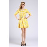 Wholesale - Fresh Yellow Color Checks Pattern Dress Evening Dress