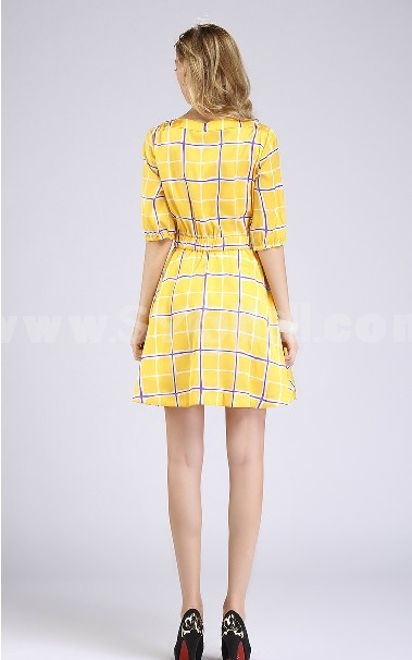 Fresh Yellow Color Checks Pattern Dress Evening Dress