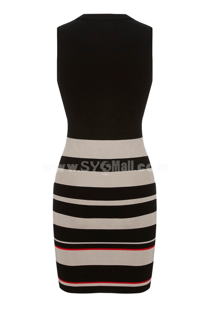 KM New Arrival Irregular Neck Stripes Pattern Sleeveless Dress Evening Dress