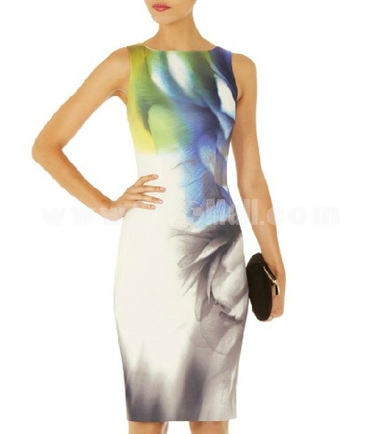 New Arrival Romantic Printing Slim Sleeveless Dress Evening Dress DR006