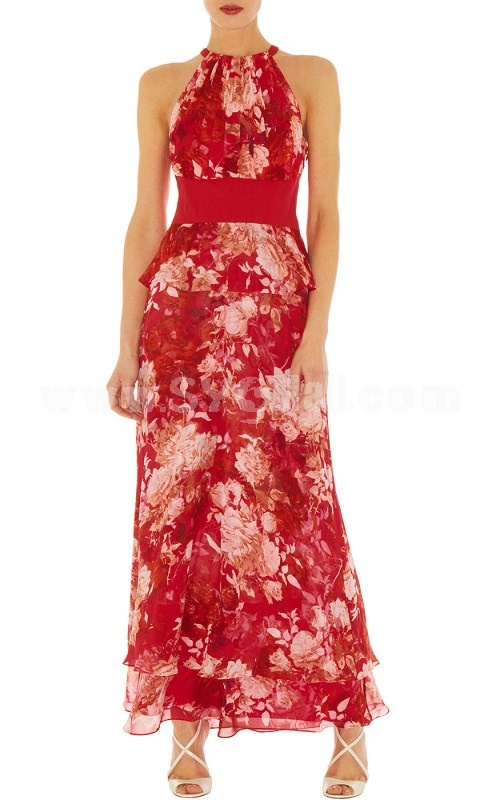 KM New Arrival Red Flower Pattern Elegant Sleeveless Long Dress Evening Dress