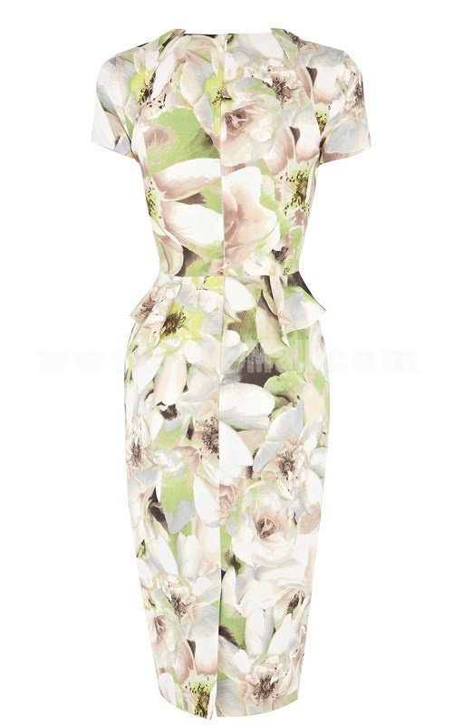 New Arrival Vintage Printing High Rise Falbala Slim Dress Evening Dress DQ153