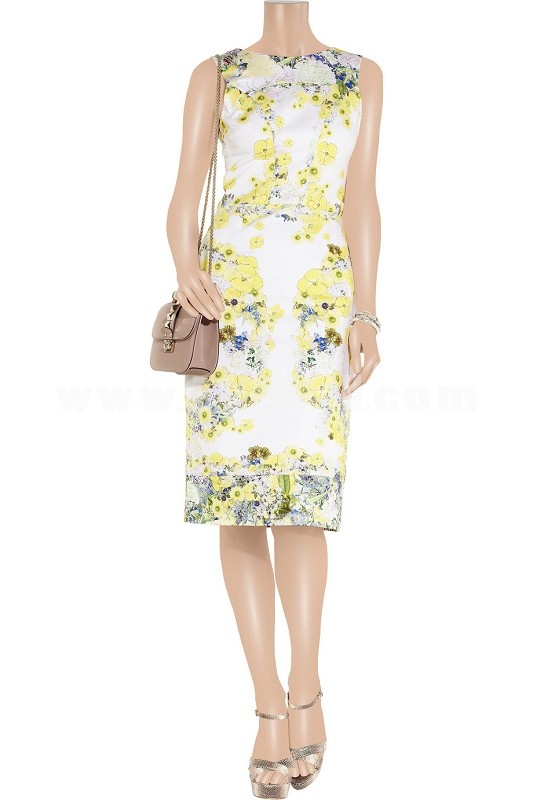 New Arrival Elegant Yellow Flower Printing Slim Dress Evening Dress KC094