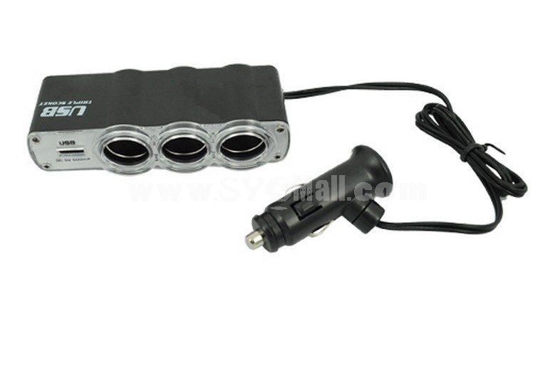 Car Cigarette Power Adapter with USB and Triple Sockets