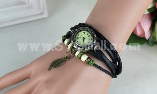 Vintage Style Leather Hand Chain Watch Bracelet Watch with Bronze Leaf L003