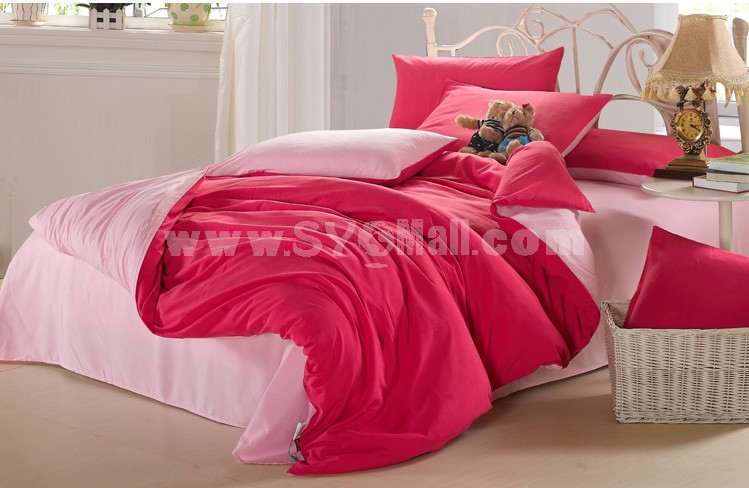 LLANCL Pure Color 4 Pieces Duvet Cover Set Bedding Set -- Red/Pink