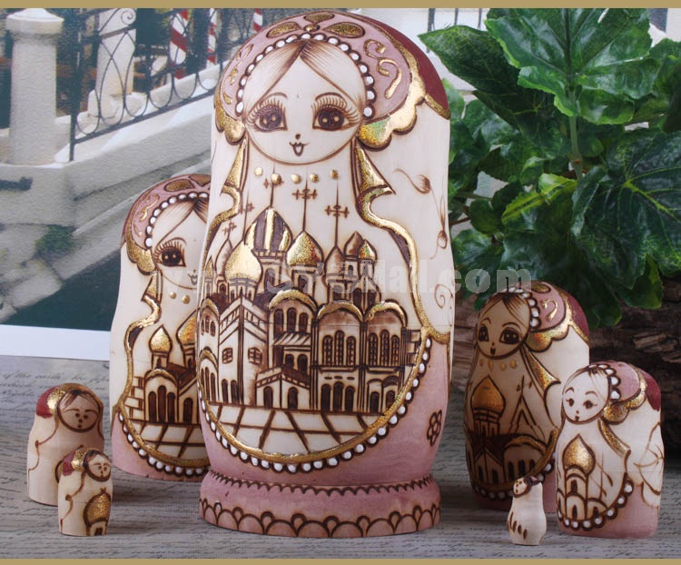 7pcs Wooden Wooden Russian Nesting Doll Toy Russian Doll Handmade Wishing Dolls -- Pink