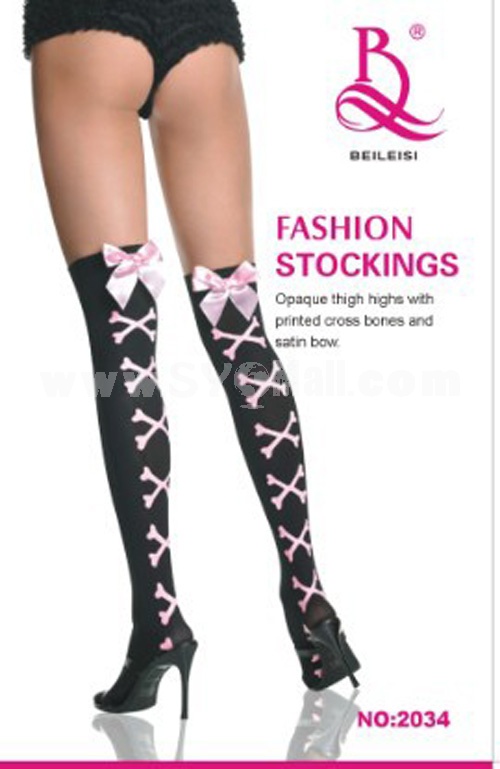 Lady Sexy Stockings with Printed Cross Bones and Satin Bowknot 2034