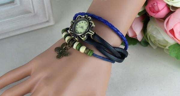 Vintage Style Leather Hand Chain Watch Bracelet Watch with Bronze Butterfly